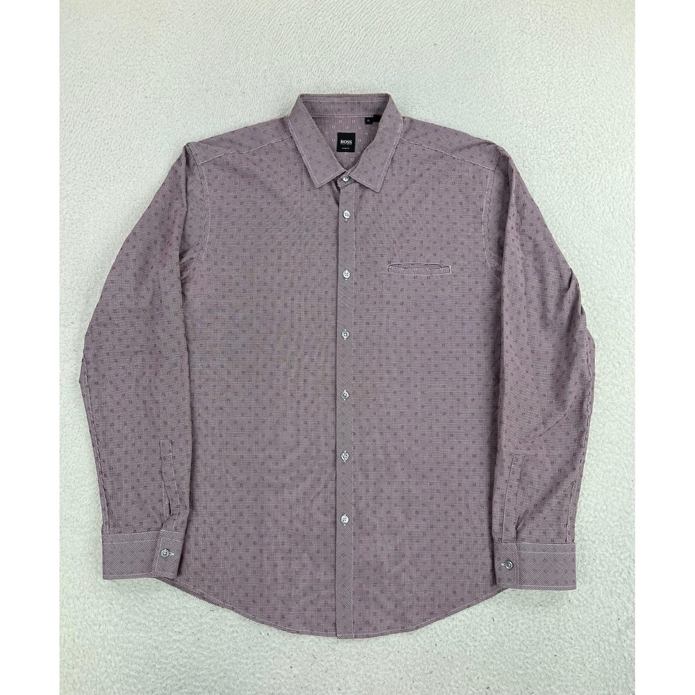 BOSS Hugo Boss Dress Shirt Mens XL Red Check Geometric Slim Fit Cotton LS